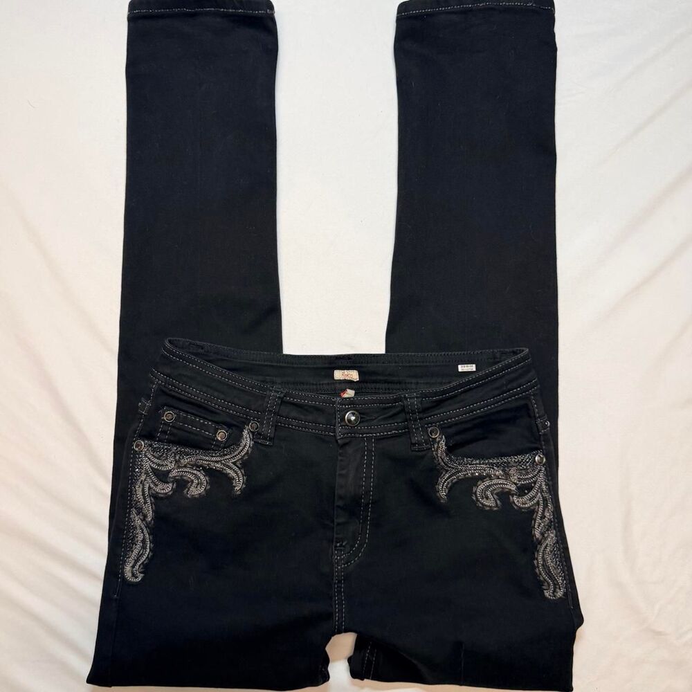 Y2K Black Embroidered Denim Reba Straight Leg Jens with Embellishments and Bling
